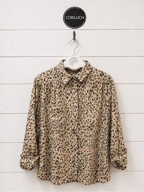 COKLUCH Abstract Print Button-Up Blouse Beige Grey Mustard Size L